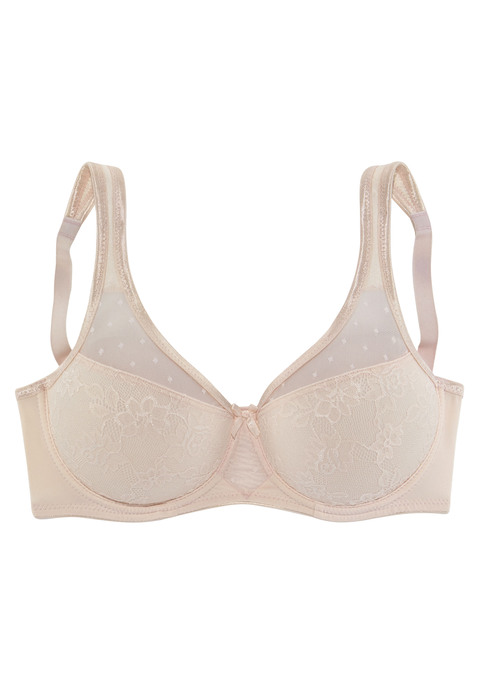 Bild: Minimizer-BH von Nuance by Lascana: Minimizer-BH (ohne Wattierung) von Nuance mit eingearbeiteten Formbügeln im eleganten Lagenlook, der die Büste optisch verkleinert. Obercups aus zartem leicht transparentem Tüll und Untercups blickdicht unterlegt und mit zarter Jacquardspitze verziert. Mit breiteren, gefütterten Trägern für einen bequemen Halt ohne Einschneiden auf den Schultern. Träger und Rückenverschluss verstellbar. Aus 79% Polyamid, 15% Polyester, 6% Elasthan. Sexy Dessous. Spitzen-Dessous. Romantische Dessous. Verspielte Dessous. BHs sind nicht trocknergeeignet, da die Versteller und Ringe durch die Hitze beschädigt werden und brechen.