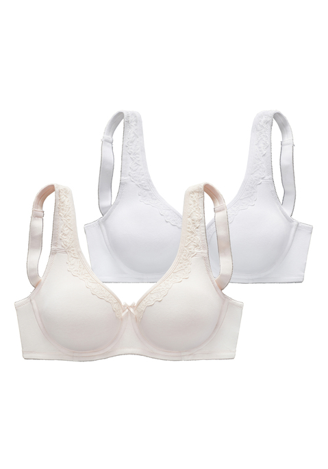 Bild: Minimizer-BH von Nuance by Lascana: Femininer Minimizer-BH mit feiner Zierschleife und aufgesetzter Spitze entlang des Dekolletés. Nahtlose Cups (ohne Wattierung) auf Formbügel gearbeitet. Rundherum aus weicher Baumwollqualität. Besondere Schnittführung verkleinert optisch die Büste. Im günstigen Doppelpack. Obermaterial: 80% Baumwolle, 10% Elasthan, 10% Polyamid.