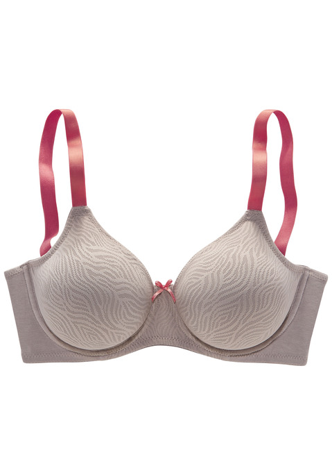 Bild: Minimizer-BH von Nuance by Lascana: Modischer Minimizer-BH mit soft abgefütterten Formbügeln. Aus gemustertem Jacquard-Material und weichem Trikot. Mit nahtlosen vorgeformten und weich unterlegten Cups. Besondere Schnittführung verkleinert optisch die Büste. Individuell verstellbare Träger sowie Rückenverschluss. Aus 88% Polyamid, 12% Elasthan.