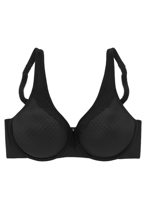 Bild: Minimizer-BH von Nuance by Lascana: Nuance: Minimizer-BH mit nahtlos vorgeformten Cups (ohne Wattierung). Aus hübschem Jacquardmaterial mit Spitzenband an der Cupkante. Die besondere Schnittführung verkleinert die Büste optisch um eine Cup-Größe. Träger und Rückenverschluss verstellbar. Aus 86% Polyamid, 15% Elasthan.