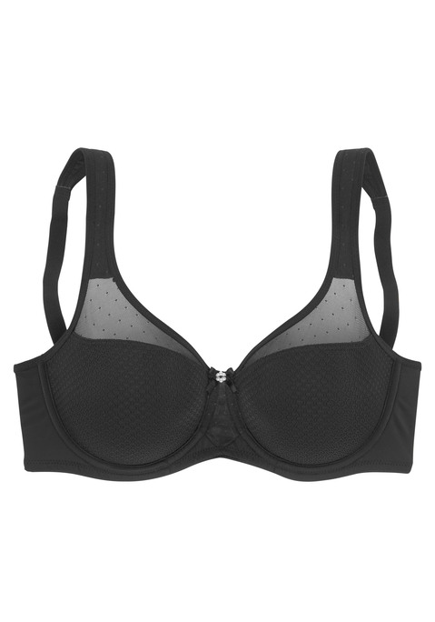 Bild: Minimizer-BH von Nuance by Lascana: Nuance: Minimizer-BH mit Bügel. Leicht transparente Netzeinsätze im Obercup. Nahtlos vorgeformte Cups ohne Wattierung. Durch die besondere Schnittführung wird die Büste optisch verkleinert. Träger und Rückenverschluss verstellbar. Aus 79% Polyamid, 15% Polyester, 6% Elasthan