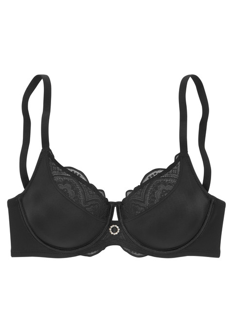 Bild: Minimizer-BH von Nuance by Lascana: Femininer Minimizer-BH (ohne Wattierung) mit extravagantem Strasselement in der vorderen Mitte. Obercup aus feiner Spitze in blumiger Optik. Verkleinert die Büste optisch um eine Größe und bringt sie schön in Form. Mit integrierten Formbügeln für einen sicheren Halt. Individuell verstellbare Träger und Rückenverschluss. Obermaterial: 85% Polyamid, 15% Elasthan.