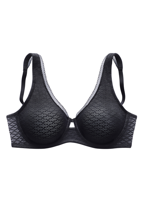 Bild: Minimizer-BH von Nuance by Lascana: Modischer Minimizer-BH mit nahtlos vorgeformten, unwattierten Cups. Rundherum aus feiner, graphischer Spitze. Leicht wattierte, breitere Träger um die Schultern zu entlasten. Mit integrierten Formbügeln für einen sicheren Halt. Individuell verstellbare Träger und Rückenverschluss. Obermaterial: 82% Polyamid, 14% Elasthan, 4% Baumwolle.
