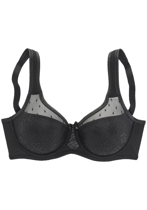 Bild: Minimizer-BH von Nuance by Lascana: Minimizer-BH (ohne Wattierung) von Nuance mit eingearbeiteten Formbügeln im eleganten Lagenlook, der die Büste optisch verkleinert. Obercups aus zartem leicht transparentem Tüll und Untercups blickdicht unterlegt und mit zarter Jacquardspitze verziert. Mit breiteren, gefütterten Trägern für einen bequemen Halt ohne Einschneiden auf den Schultern. Träger und Rückenverschluss verstellbar. Aus 79% Polyamid, 15% Polyester, 6% Elasthan. Sexy Dessous. Spitzen-Dessous. Romantische Dessous. Verspielte Dessous. BHs sind nicht trocknergeeignet, da die Versteller und Ringe durch die Hitze beschädigt werden und brechen.
