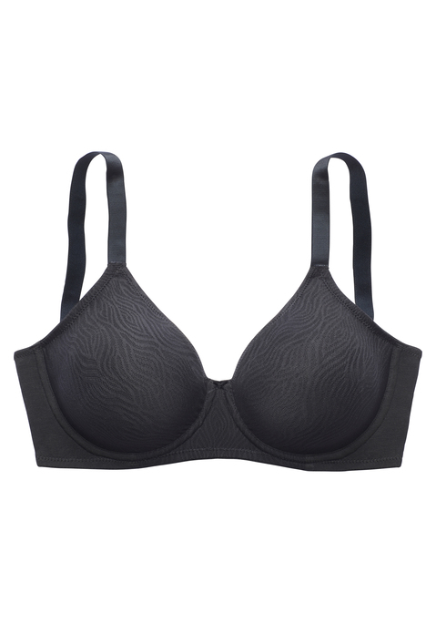 Bild: Minimizer-BH von Nuance by Lascana: Modischer Minimizer-BH mit soft abgefütterten Formbügeln. Aus gemustertem Jacquard-Material und weichem Trikot. Mit nahtlosen vorgeformten und weich unterlegten Cups. Besondere Schnittführung verkleinert optisch die Büste. Individuell verstellbare Träger sowie Rückenverschluss. Aus 88% Polyamid, 12% Elasthan.