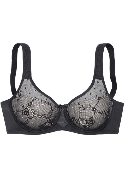 Bild: Minimizer-BH von Nuance by Lascana: Femininer Minimizer-BH für eine optisch verkleinerte Brust (ohne Wattierung). Cups rundherum aus feiner, floraler Spitze. Leicht wattierte Träger um die Schultern zu entlasten. Mit integrierten Formbügeln für einen sicheren Halt. Individuell verstellbare Träger und Rückenverschluss. Obermaterial: 79% Polyamid, 15% Polyester, 6% Elasthan.