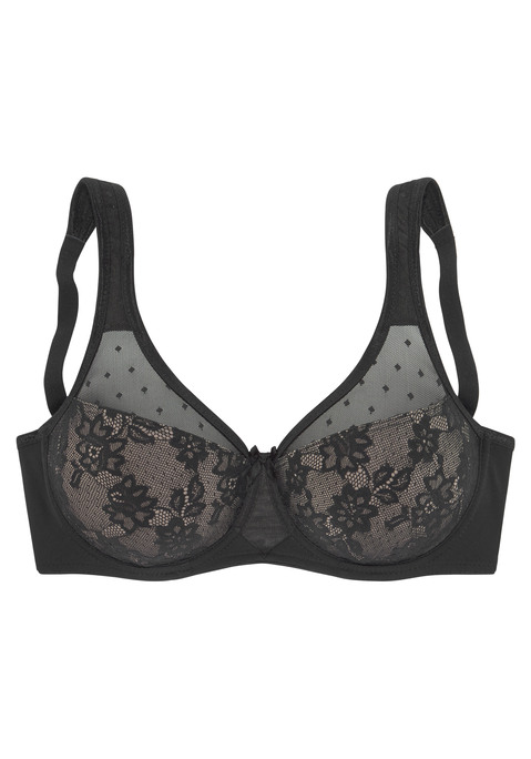 Bild: Minimizer-BH von Nuance by Lascana: Minimizer-BH (ohne Wattierung) von Nuance mit eingearbeiteten Formbügeln im eleganten Lagenlook, der die Büste optisch verkleinert. Obercups aus zartem leicht transparentem Tüll und Untercups blickdicht unterlegt und mit zarter Jacquardspitze verziert. Mit breiteren, gefütterten Trägern für einen bequemen Halt ohne Einschneiden auf den Schultern. Träger und Rückenverschluss verstellbar. Aus 79% Polyamid, 15% Polyester, 6% Elasthan. Sexy Dessous. Spitzen-Dessous. Romantische Dessous. Verspielte Dessous. BHs sind nicht trocknergeeignet, da die Versteller und Ringe durch die Hitze beschädigt werden und brechen.