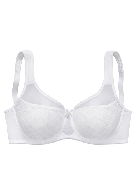 Bild: Minimizer-BH von Nuance by Lascana: Modischer Minimizer-BH mit Bügel und hübschem Accessoire vorne mittig. Nahtlos vorgeformte Cups aus graphischer, unterlegter Alloverspitze. Besondere Schnittführung verkleinert optisch die Büste. Mit breiten, leicht wattierten Trägern für einen hohen Tragekomfort. Individuell verstellbare Träger sowie Rückenverschluss. Aus 82% Polyamid, 12% Elasthan, 6% Polyester.