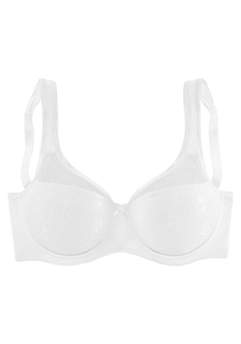 Bild: Minimizer-BH von Nuance by Lascana: Minimizer-BH (ohne Wattierung) von Nuance mit eingearbeiteten Formbügeln im eleganten Lagenlook, der die Büste optisch verkleinert. Obercups aus zartem leicht transparentem Tüll und Untercups blickdicht unterlegt und mit zarter Jacquardspitze verziert. Mit breiteren, gefütterten Trägern für einen bequemen Halt ohne Einschneiden auf den Schultern. Träger und Rückenverschluss verstellbar. Aus 79% Polyamid, 15% Polyester, 6% Elasthan. Sexy Dessous. Spitzen-Dessous. Romantische Dessous. Verspielte Dessous. BHs sind nicht trocknergeeignet, da die Versteller und Ringe durch die Hitze beschädigt werden und brechen.