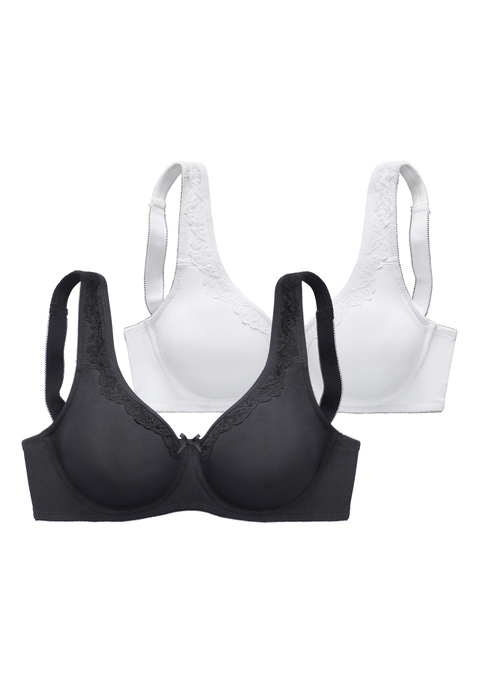 Bild: Minimizer-BH von Nuance by Lascana: Femininer Minimizer-BH mit feiner Zierschleife und aufgesetzter Spitze entlang des Dekolletés. Nahtlose Cups (ohne Wattierung) auf Formbügel gearbeitet. Rundherum aus weicher Baumwollqualität. Besondere Schnittführung verkleinert optisch die Büste. Im günstigen Doppelpack. Obermaterial: 80% Baumwolle, 10% Elasthan, 10% Polyamid.