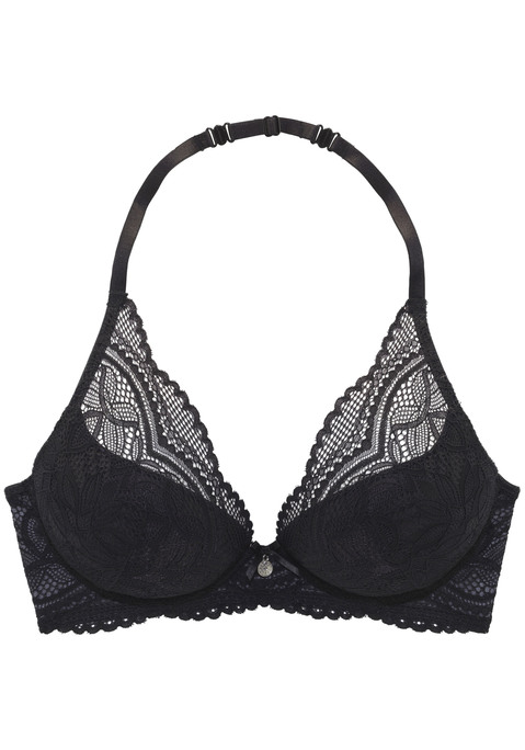 Bild: Neckholder-BH von Nuance by Lascana: Femininer Push-up-BH mit herausnehmbaren Kissen. Modische Spitze bis hoch in die High-Apex Träger. Träger ebenfalls als Neckholder zu tragen und verstellbar. Passende Unterteile aus der gleichen Serie erhältlich. Mit Liebe & Leidenschaft in Hamburg kreiert. Obermaterial: 60% Polyamid, 35% Polyester, 5% Elasthan.