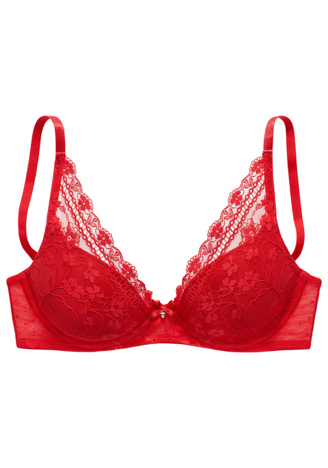Bild: Push-up-BH von Nuance by Lascana: Verspielter Push-up-BH mit Bügel in leichter High-Apex-Schnittform. Mit integrierten Push-up-Kissen - für ein tolles Dekolleté. Rundherum aus zarter, elastischer Spitze. Mit feiner Zierschleife und hübschem Herzaccessoire vorne mittig. Passende Unterteile aus der gleichen Serie erhältlich. Aus 68% Polyamid, 21% Polyester, 11% Elasthan.