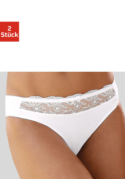 Bild: Slip von Nuance by Lascana: NUANCE: Slip im 2er-Pack mit Stickereispitzeneinsatz. Mit Baumwollzwickel. Aus 92% Polyester, 8% Elasthan.