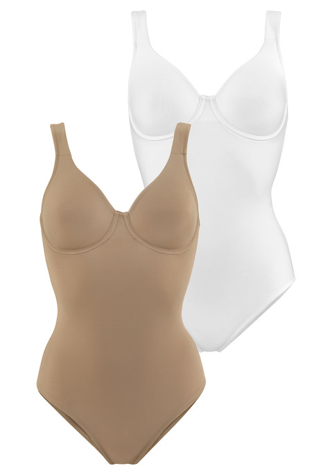 Bild: T-Shirt-Body von Nuance by Lascana: Toller Basic-Body von Nuance im praktischen Doppelpack, mit dem Sie Tag für Tag eine gute Figur machen. Der Bügel-Body zeichnet sich durch seine Schlichtheit und seinen Tragekomfort aus. Komplett aus hochwertiger Microfaser gearbeitet, liegt das Material weich und angenehm auf der Haut. Leichte Polster am Bauch und an der Taille werden durch den Stoff kaschiert. Die nahtlos vorgeformten Cups (ohne Schale) mit eingearbeiteten Bügeln formen natürlich schön und geben zuverlässigen Halt bis in große Größen. Auch unter engen Kleidungsstücken wird dieser T-Shirt-Body quasi unsichtbar, nichts zeichnet sich störend ab. Breite, verstellbare Träger für entlastenden Halt. Der Body lässt sich ganz leicht im Schritt aufhaken und hat einen weichen Zwickel aus Baumwolle. Miederbody aus 77% Polyamid  (TACTEL®), 16% Elasthan (LYCRA®), 7% Baumwolle. Klassische Dessous. Bequeme Alltags-Dessous. Shape wear Body. Shaping Body. Shaping Unterwäsche. Body Shaper. Shape Unterwäsche.. Bodys sind nicht trocknergeeignet, da die Versteller und Ringe durch die Hitze beschädigt werden und brechen.