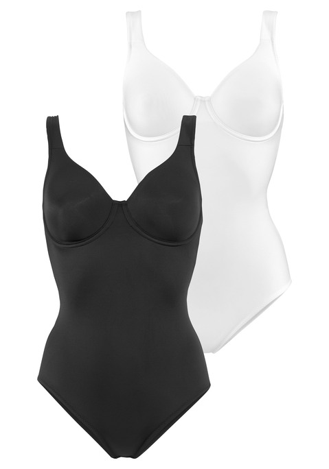 Bild: T-Shirt-Body von Nuance by Lascana: Toller Basic-Body von Nuance im praktischen Doppelpack, mit dem Sie Tag für Tag eine gute Figur machen. Der Bügel-Body zeichnet sich durch seine Schlichtheit und seinen Tragekomfort aus. Komplett aus hochwertiger Microfaser gearbeitet, liegt das Material weich und angenehm auf der Haut. Leichte Polster am Bauch und an der Taille werden durch den Stoff kaschiert. Die nahtlos vorgeformten Cups (ohne Schale) mit eingearbeiteten Bügeln formen natürlich schön und geben zuverlässigen Halt bis in große Größen. Auch unter engen Kleidungsstücken wird dieser T-Shirt-Body quasi unsichtbar, nichts zeichnet sich störend ab. Breite, verstellbare Träger für entlastenden Halt. Der Body lässt sich ganz leicht im Schritt aufhaken und hat einen weichen Zwickel aus Baumwolle. Miederbody aus 77% Polyamid  (TACTEL®), 16% Elasthan (LYCRA®), 7% Baumwolle. Klassische Dessous. Bequeme Alltags-Dessous. Shape wear Body. Shaping Body. Shaping Unterwäsche. Body Shaper. Shape Unterwäsche.. Bodys sind nicht trocknergeeignet, da die Versteller und Ringe durch die Hitze beschädigt werden und brechen.
