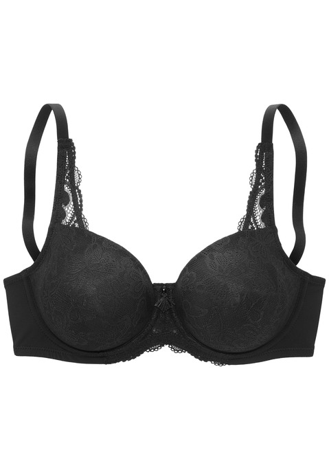 Bild: Minimizer-BH von Nuance: Femininer Minimizer-BH mit edlem Accessoire vorne mittig. Nahtlos vorgeformte Cups (ohne Wattierung) auf Formbügel gearbeitet. Cups aus extraflachem Jacquardmaterial mit hübschem Schmetterlingsmotiv. Besondere Schnittführung verkleinert optisch die Büste. Individuell verstellbare Träger sowie Rückenverschluss. Aus 86% Polyamid, 14% Elasthan.