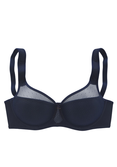 Bild: Minimizer-BH von Nuance: Nuance: Minimizer-BH mit Bügel. Leicht transparente Netzeinsätze im Obercup. Nahtlos vorgeformte Cups ohne Wattierung. Durch die besondere Schnittführung wird die Büste optisch verkleinert. Träger und Rückenverschluss verstellbar. Aus 79% Polyamid, 15% Polyester, 6% Elasthan