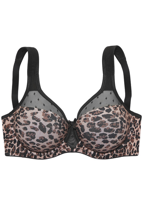 Bild: Minimizer-BH von Nuance: Mit Leo-Druck aus trageangenehmer Baumwolle. Mesh-Einsatz im Obercup. Die besondere Schnittführung lässt die Büste kleiner erscheinen. Breitere, leicht gefütterte Träger für einen guten Halt bis in große Größen. Träger und Rückenverschluss verstellbar. Aus 77% Baumwolle, 17% Polyamid, 6% Elasthan.