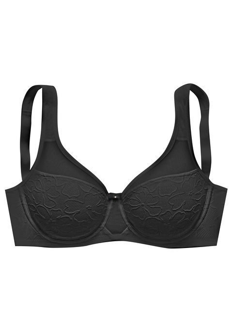Bild: Minimizer-BH von Nuance: Modischer Minimizer-BH mit Bügel mit feiner Zierschleife und hübschem Perlenaccessoire. Durch die besondere Schnittführung wird die Brust optisch verkleinert. Rundherum aus festem Jacquardmaterial in blumiger Optik. Breite, gefütterte Träger für einen optimalen Tragekomfort. Individuell verstellbare Träger sowie Rückenverschluss. Obermaterial: 83% Polyamid, 17% Elasthan.