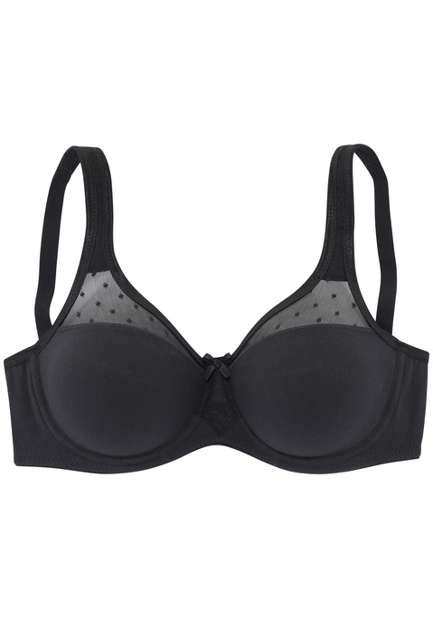 Bild: Minimizer-BH von Nuance: Dieser süße Minimizer-BH mit Bügel von Nuance ist die perfekte Kombination aus Funktionalität und Bequemlichkeit. Durch die besondere Schnittführung, wird die Brust optisch um eine Cupgröße verkleinert - für eine perfekte Passform und einen zuverlässigen Halt bis in große Größen. Die breiteren Träger sorgen zudem für einen komfortablen Halt. Die nahtlos vorgeformten Cups (ohne Wattierung) umschließen die Brust sicher und sorgen gleichzeitig für ein besonders angenehmes Tragegefühl. Hübsche Netzeinsätze an den Cupkanten im niedlichen Pünktchen-Desing, sowie die kleine Zierschleife in der vorderen Mitte verleihen dem Nuance Entlastungs-BH eine süße Note. Am Rückteil ermöglicht ein Haken- und Ösenverschluss das regulieren der Unterbrust. Die Träger sind ebenso hinten verstellbar.  Der Mieder-BH ist aus 90% Baumwolle, 5% Polyamid, 5% Elasthan. BHs sind nicht trocknergeeignet, da die Versteller und Ringe durch die Hitze beschädigt werden und brechen.