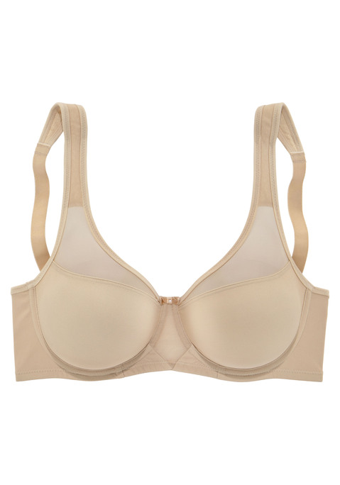 Bild: Minimizer-BH von Nuance: Hübscher Minimizer-BH auf Formbügel gearbeitet. Extra breite, leicht gefütterte Träger zum Entlasten der Schultern. Modische Einsätze aus transparentem Netzmaterial oberhalb der Cups (ohne Wattierung). Passendes Unterteil aus der gleichen Serie erhältlich. Verstellbare Träger und Rückenverschluss.  Aus 71% Polyamid, 29% Elasthan.