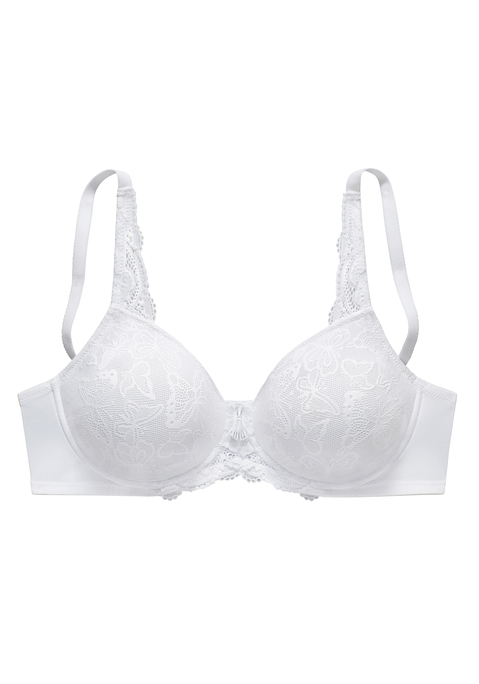 Bild: Minimizer-BH von Nuance: Femininer Minimizer-BH mit edlem Accessoire vorne mittig. Nahtlos vorgeformte Cups (ohne Wattierung) auf Formbügel gearbeitet. Cups aus extraflachem Jacquardmaterial mit hübschem Schmetterlingsmotiv. Besondere Schnittführung verkleinert optisch die Büste. Individuell verstellbare Träger sowie Rückenverschluss. Aus 86% Polyamid, 14% Elasthan.