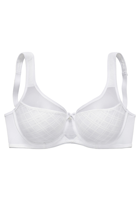 Bild: Minimizer-BH von Nuance: Modischer Minimizer-BH mit Bügel und hübschem Accessoire vorne mittig. Nahtlos vorgeformte Cups aus graphischer, unterlegter Alloverspitze. Besondere Schnittführung verkleinert optisch die Büste. Mit breiten, leicht wattierten Trägern für einen hohen Tragekomfort. Individuell verstellbare Träger sowie Rückenverschluss. Aus 82% Polyamid, 12% Elasthan, 6% Polyester.