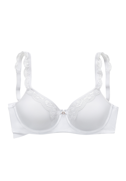 Bild: Minimizer-BH von Nuance: Femininer Minimizer-BH mit Bügel - verkleinert optisch die Büste. Hoher Tragekomfort dank atmungsaktiven, extra leichten Spacer-Schalen. Mit hübschen Spitzenträgern. Mit feiner Zierschleife mit Accessoire vorne mittig. Individuell verstellbare Träger sowie Rückenverschluss. Aus 78% Polyamid, 18% Elasthan, 4% Polyester.