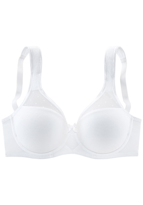 Bild: Minimizer-BH von Nuance: Dieser süße Minimizer-BH mit Bügel von Nuance ist die perfekte Kombination aus Funktionalität und Bequemlichkeit. Durch die besondere Schnittführung, wird die Brust optisch um eine Cupgröße verkleinert - für eine perfekte Passform und einen zuverlässigen Halt bis in große Größen. Die breiteren Träger sorgen zudem für einen komfortablen Halt. Die nahtlos vorgeformten Cups (ohne Wattierung) umschließen die Brust sicher und sorgen gleichzeitig für ein besonders angenehmes Tragegefühl. Hübsche Netzeinsätze an den Cupkanten im niedlichen Pünktchen-Desing, sowie die kleine Zierschleife in der vorderen Mitte verleihen dem Nuance Entlastungs-BH eine süße Note. Am Rückteil ermöglicht ein Haken- und Ösenverschluss das regulieren der Unterbrust. Die Träger sind ebenso hinten verstellbar.  Der Mieder-BH ist aus 90% Baumwolle, 5% Polyamid, 5% Elasthan. BHs sind nicht trocknergeeignet, da die Versteller und Ringe durch die Hitze beschädigt werden und brechen.