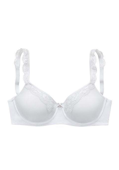 Bild: Minimizer-BH von Nuance: Femininer Minimizer-BH mit Bügel - verkleinert optisch die Büste. Hoher Tragekomfort dank atmungsaktiven, extra leichten Spacer-Schalen. Mit hübschen Spitzenträgern. Mit feiner Zierschleife mit Accessoire vorne mittig. Individuell verstellbare Träger sowie Rückenverschluss. Aus 78% Polyamid, 18% Elasthan, 4% Polyester.