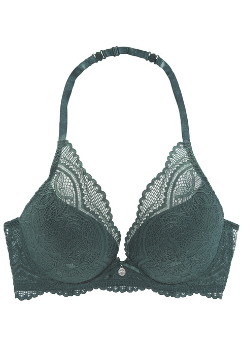 Bild: Neckholder-BH von Nuance: Femininer Push-up-BH mit herausnehmbaren Kissen. Modische Spitze bis hoch in die High-Apex Träger. Träger ebenfalls als Neckholder zu tragen und verstellbar. Passende Unterteile aus der gleichen Serie erhältlich. Mit Liebe & Leidenschaft in Hamburg kreiert. Obermaterial: 60% Polyamid, 35% Polyester, 5% Elasthan.