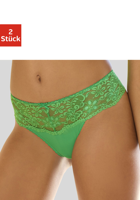 Bild: String von Nuance: Nuance: String im 2er Pack. Rundherum mit breitem Spitzenband. Dessous mit Baumwollzwickel. Aus 85% Polyamid, 15% Elasthan.