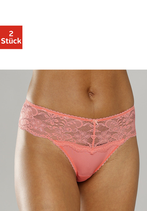 Bild: String von Nuance: Nuance: String im 2er Pack. Rundherum mit breitem Spitzenband. Dessous mit Baumwollzwickel. Aus 85% Polyamid, 15% Elasthan.