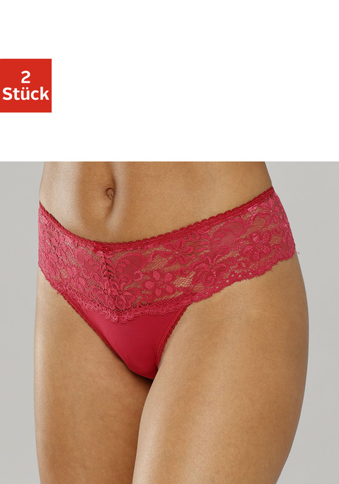 Bild: String von Nuance: Nuance: String im 2er Pack. Rundherum mit breitem Spitzenband. Dessous mit Baumwollzwickel. Aus 85% Polyamid, 15% Elasthan.