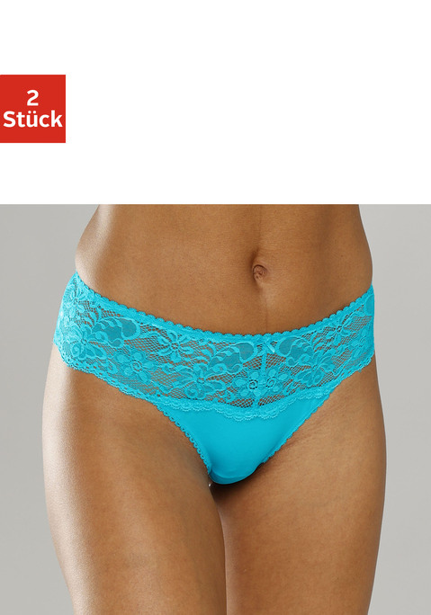 Bild: String von Nuance: Nuance: String im 2er Pack. Rundherum mit breitem Spitzenband. Dessous mit Baumwollzwickel. Aus 85% Polyamid, 15% Elasthan.
