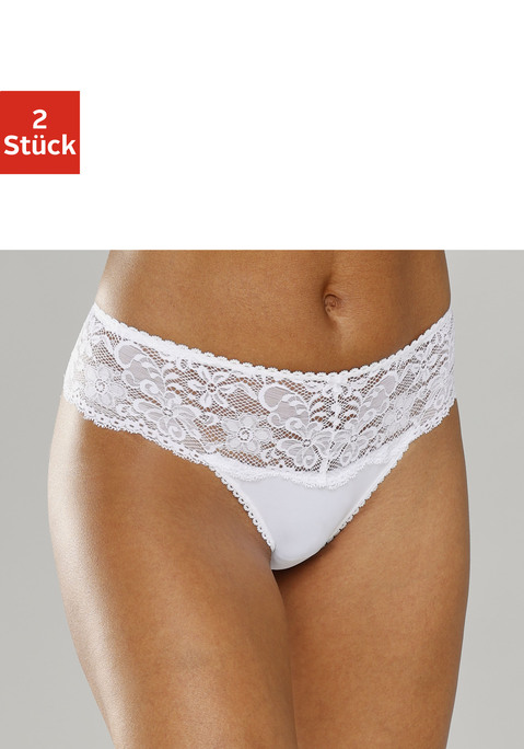 Bild: String von Nuance: Nuance: String im 2er Pack. Rundherum mit breitem Spitzenband. Dessous mit Baumwollzwickel. Aus 85% Polyamid, 15% Elasthan.