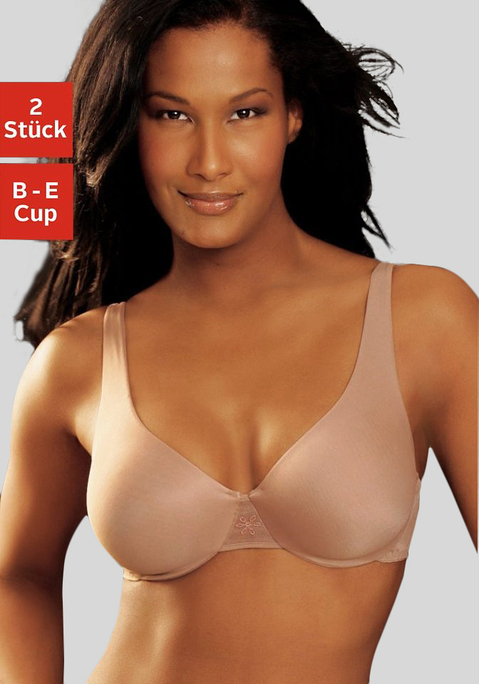 Bild: T-Shirt-BH von Nuance: Nuance: T-Shirt-BH im 2er-Pack. Mit Formbügel. Nahtlos vorgeformte Cups (ohne Wattierung). Zartes Mittelteil mit kleiner Stickerei. Träger und Rückenverschluss verstellbar. Aus 85% Polyamid, 15% Elasthan.