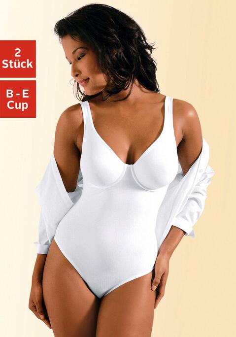 Bild: T-Shirt-Body von Nuance: Toller Basic-Body von Nuance im praktischen Doppelpack, mit dem Sie Tag für Tag eine gute Figur machen. Der Bügel-Body zeichnet sich durch seine Schlichtheit und seinen Tragekomfort aus. Komplett aus hochwertiger Microfaser gearbeitet, liegt das Material weich und angenehm auf der Haut. Leichte Polster am Bauch und an der Taille werden durch den Stoff kaschiert. Die nahtlos vorgeformten Cups (ohne Schale) mit eingearbeiteten Bügeln formen natürlich schön und geben zuverlässigen Halt bis in große Größen. Auch unter engen Kleidungsstücken wird dieser T-Shirt-Body quasi unsichtbar, nichts zeichnet sich störend ab. Breite, verstellbare Träger für entlastenden Halt. Der Body lässt sich ganz leicht im Schritt aufhaken und hat einen weichen Zwickel aus Baumwolle. Miederbody aus 77% Polyamid  (TACTEL®), 16% Elasthan (LYCRA®), 7% Baumwolle. Klassische Dessous. Bequeme Alltags-Dessous. Shape wear Body. Shaping Body. Shaping Unterwäsche. Body Shaper. Shape Unterwäsche.. Bodys sind nicht trocknergeeignet, da die Versteller und Ringe durch die Hitze beschädigt werden und brechen.