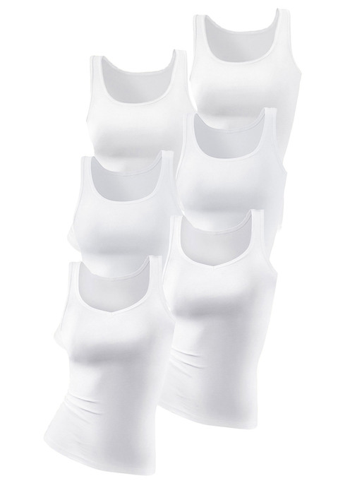 Bild: Achselhemd von petite fleur: Immer 2x Rundhals-, 2x V-Ausschnitt und 2x Rundhalsausschnitt mit Mäusezähnchen in einer Packung. Länge ca. 66cm. Feinripp aus 100% Baumwolle.