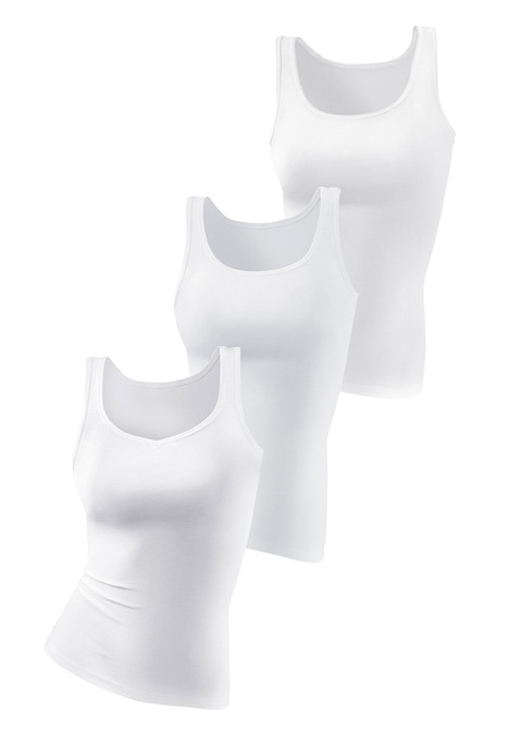 Bild: Achselhemd von petite fleur: Immer 1x Rundhals-, 1x V-Ausschnitt und 1x Rundhalsausschnitt mit Mäusezähnchen in einer Packung. Länge ca. 66cm. Feinripp aus 100% Baumwolle.