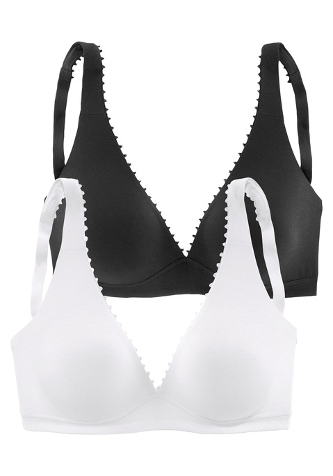 Bild: Bralette-BH von petite fleur: Bequemer Bralette-BH mit einer süßen Zierkante entlang des Cups (ohne Wattierung). Im attraktiven Doppelpack. Mit verstellbaren Trägern und Rückenverschluss. Klassische Dessous. Bequeme Alltags-Dessous. Modische Dessous. Aus 89% Baumwolle, 9% Elasthan, 2% Polyamid.