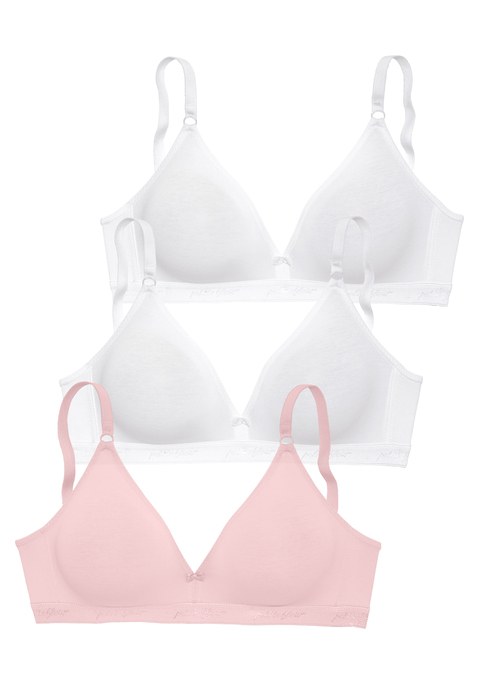 Bild: Bralette-BH von petite fleur: Ein zeitloser Basic-BH im zierlichen Triangel-Schnitt. Ein BH für uneingeschränkte Bequemlichkeit. Die nahtlosen Cups (ohne Wattierung) liegen sanft auf der Haut ohne störende Nähte. Das weiche, elastische Unterbrustgummi mit dezent eingewebtem »petite fleur« Schriftzügen gibt leicht formenden Halt und macht diesen sportlichen Bralette zu einem Must-Have. Noch heute bestellen in der günstigen 3 Stück Vorteilspackung. Träger und Rückenverschluss verstellbar. Besonders für kleine Größen geeignet. Für ein angenehmes Tragegefühl aus softer Baumwolle: 75% Baumwolle, 15% Elasthan, 10% Polyester. BHs sind nicht trocknergeeignet, da die Versteller und Ringe durch die Hitze beschädigt werden und brechen.