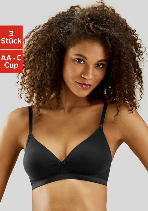 Bild: Bralette-BH von petite fleur: PETITE FLEUR: Bralette-BH im 3er-Pack. Nahtlos vorgeformte Cups ohne Wattierung. Im Triangel-Schnitt. Breites Unterbrustband mit eingewebtem »petite fleur«-Schriftzug. Träger und Rückenverschluss verstellbar. Besonders für kleine Größen geeignet. Aus 75% Baumwolle, 15% Elasthan, 10% Polyester.