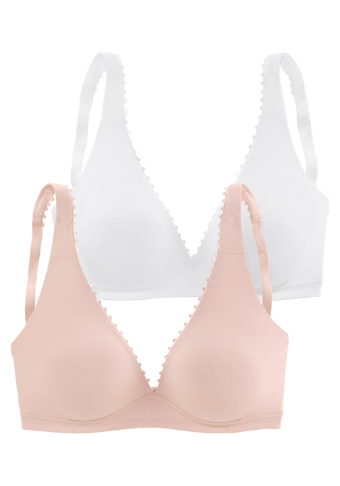 Bild: Bralette-BH von petite fleur: Bequemer Bralette-BH mit einer süßen Zierkante entlang des Cups (ohne Wattierung). Im attraktiven Doppelpack. Mit verstellbaren Trägern und Rückenverschluss. Klassische Dessous. Bequeme Alltags-Dessous. Modische Dessous. Aus 89% Baumwolle, 9% Elasthan, 2% Polyamid.