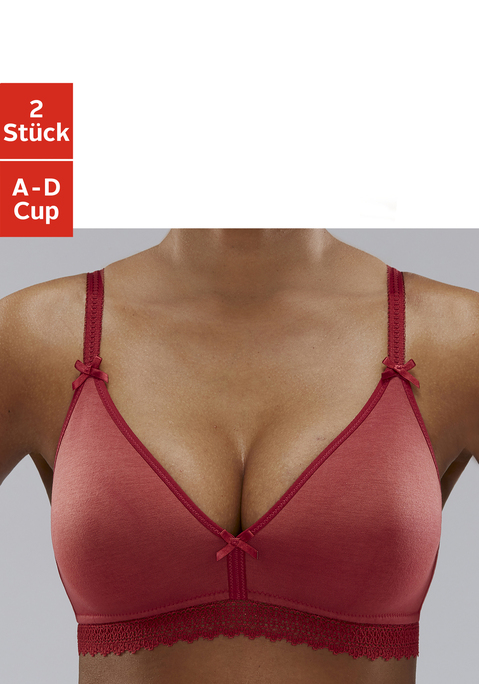 Bild: Bralette-BH von petite fleur: Petite Fleur: Bralette-BH (ohne Wattierung) im 2er-Pack. Ohne Bügel. Mit schönem Spitzenband an der Unterbrust. Tolle Schmuckträger. Süße Schleifendetails. Träger und Rückenverschluss verstellbar. Aus trageangenehmer Baumwollqualität. Klassische Dessous. Bequeme Alltags-Dessous. Modische Dessous. Aus 80% Baumwolle, 10% Polyamid, 10% Elasthan.