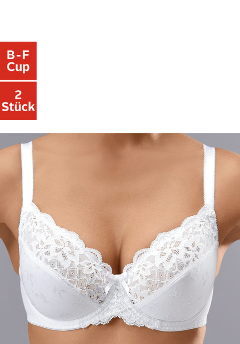 Bild: Bügel-BH von petite fleur: Petite Fleur Bügel-BH (ohne Wattierung) im praktischen Doppelpack. Elastische Jacquardspitze im Obercup. Untercup aus Jacquardmaterial. Rücken aus Microtouch-Material. Träger und Rückenverschluss verstellbar. Sexy Dessous. Spitzen-Dessous. Romantische Dessous. Verspielte Dessous. Aus 90% Polyamid, 10% Elasthan. BHs sind nicht trocknergeeignet, da die Versteller und Ringe durch die Hitze beschädigt werden und brechen.