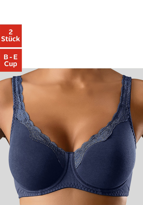 Bild: Bügel-BH von petite fleur: Mit nahtlos vorgeformten, doppellagigen Cups (ohne Wattierung). Schönes Spitzenband entlang der Cupkante. Träger und Rückenverschluss verstellbar.  Der Bügel-BH ist aus 85% Baumwolle, 10% Polyamid, 5% Elasthan. BHs sind nicht trocknergeeignet, da die Versteller und Ringe durch die Hitze beschädigt werden und brechen.