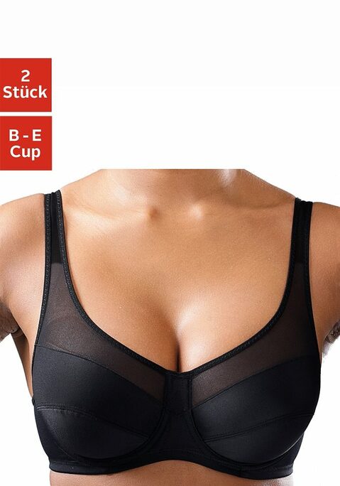 Bild: Bügel-BH von petite fleur: Schöner Basic-BH im 2er-Pack in elegant schlichter Optik. Hübscher, leicht transparenter Netzeinsatz im Obercup. Cups (ohne Wattieung) mit formenden Bügeln. Breite, leicht gefütterte Träger für angenehmen Sitz ohne Einschneiden bis in große Größen. Träger und Rückenverschluss verstellbar. Wir verwenden für größere Größen breitere Träger als abgebildet, um ein Einschneiden auf der Schulter zu verhindern. Auch die Rücken- und Verschlussbreiten wachsen mit, um in jeder Größe optimalen Halt und sicheren Sitz zu bieten. Für hohen Tragekomfort sorgen breitere Elastikbänder entlang der Kanten, die dank hochelastischer Nähte nicht einschneiden. Ein rundum bequemer BH für den Alltag. Der Bügel-BH ist aus 90% Polyamid, 10% Elasthan. BHs sind nicht trocknergeeignet, da die Versteller und Ringe durch die Hitze beschädigt werden und brechen.