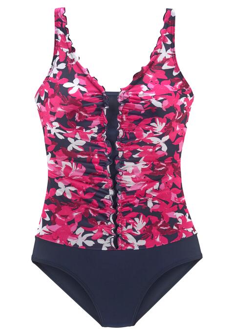 Bild: Badeanzug von petite fleur by Lascana: Mit Rüschenkante vorn. Eingearbeitete Softcups, Unterbrustgummi und Shaping-Einsatz vorn für eine optisch schöne Silhouette. Verstellbare Träger. Mit wunderschönem Floralprint.