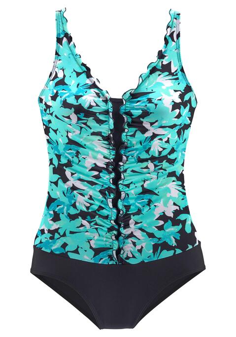 Bild: Badeanzug von petite fleur by Lascana: Mit Rüschenkante vorn. Eingearbeitete Softcups, Unterbrustgummi und Shaping-Einsatz vorn für eine optisch schöne Silhouette. Verstellbare Träger. Mit wunderschönem Floralprint.
